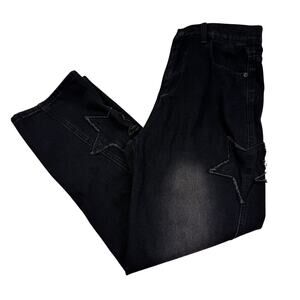 Starburst Star Embroidered Baggy Wide-Leg Streetwear Distressed Jeans Women's XL
